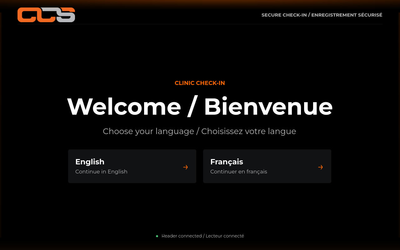 CCS Check-In welcome screen offering English and French language choices